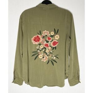 Hummingbird Women's Long Sleeve Button‎ Down Shirt Floral Embroidered Distressed
